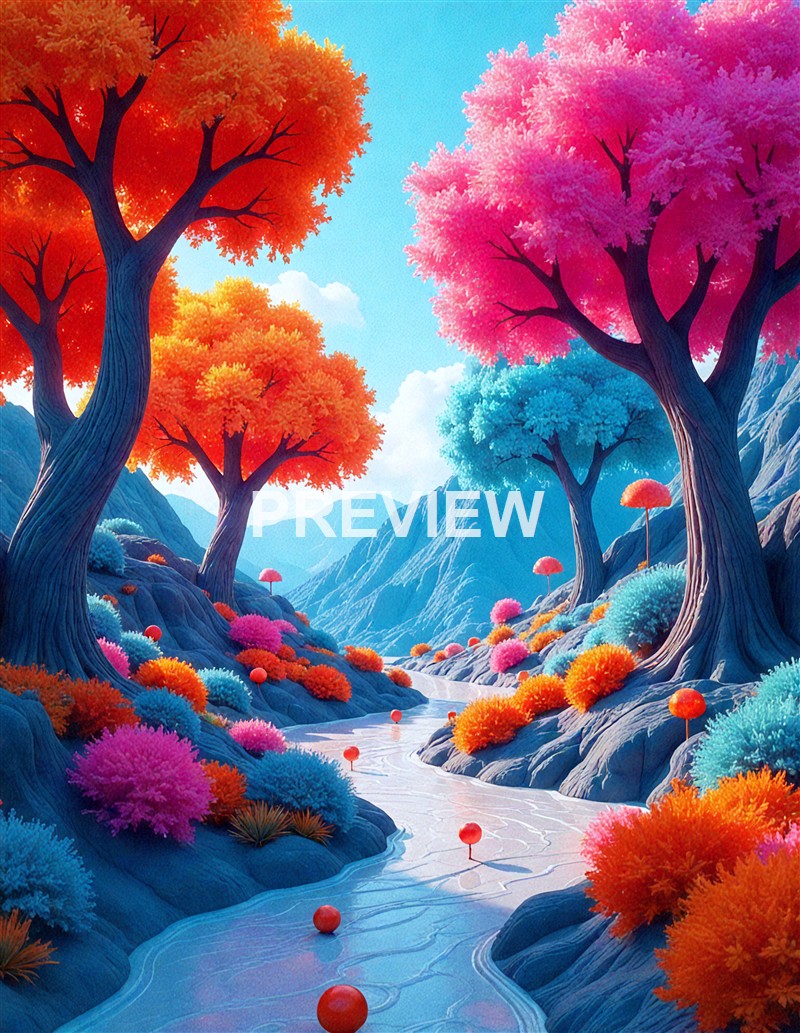 A vibrant, animated landscape featuring colorful trees with orange, pink, and blue foliage along a winding river, set against distant mountains under a bright sky.